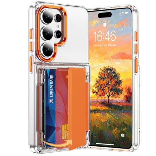 Coque Samsung S25 Ultra orange antichoc avec porte-carte RFID et protection de caméra intégrée