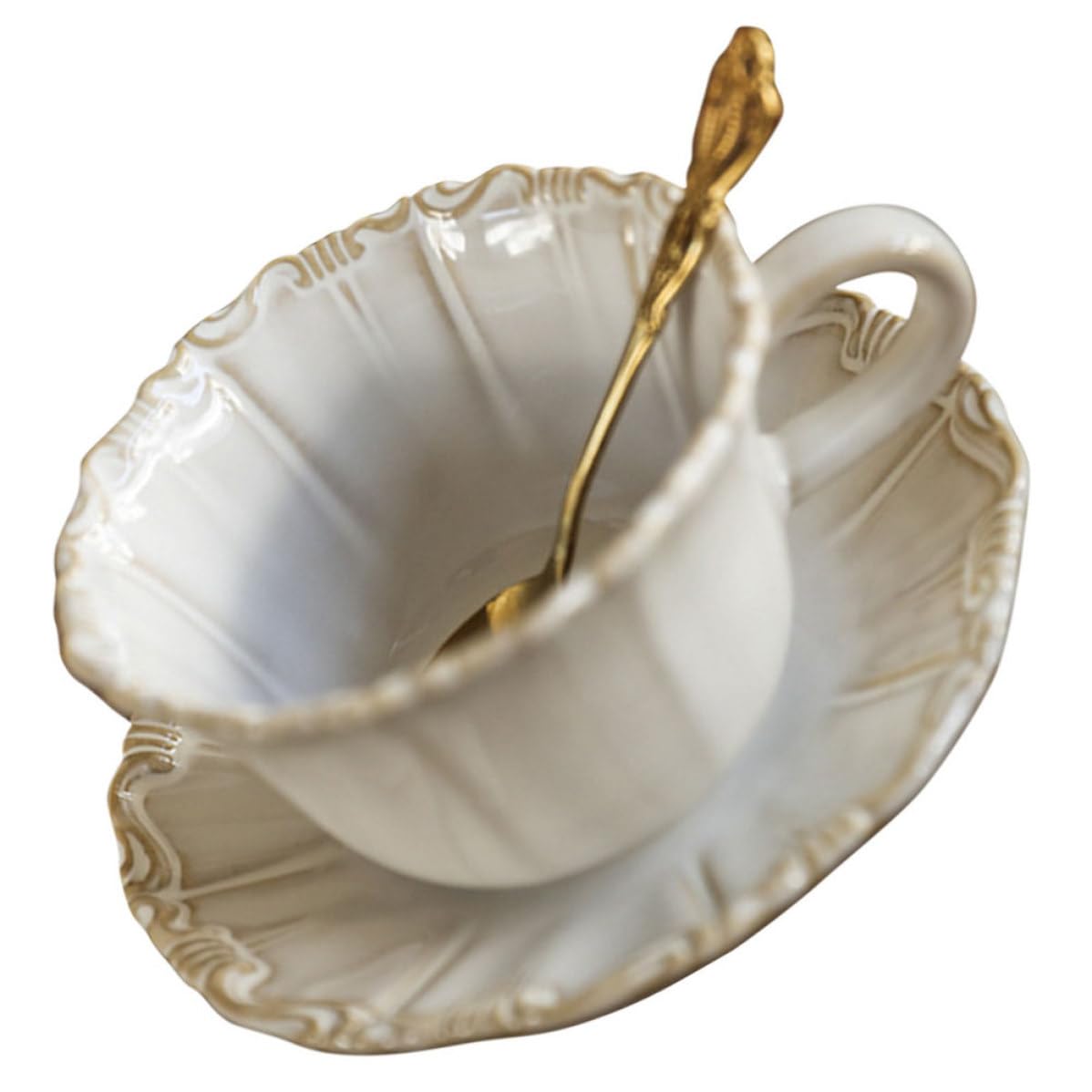 DECHOUS Juego de Taza de Cerámica Estilo Elegante Vintage de 300ml Platillo Antideslizante y Fácil de Limpiar, Adecuado para Disfrutar Café o Té en Casa