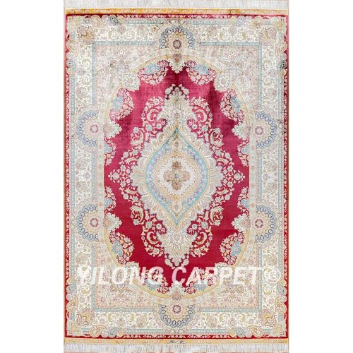 Yilong Carpet 5.5x8ft Red Hand-Knotted Silk Area Rug Soft Luxury
