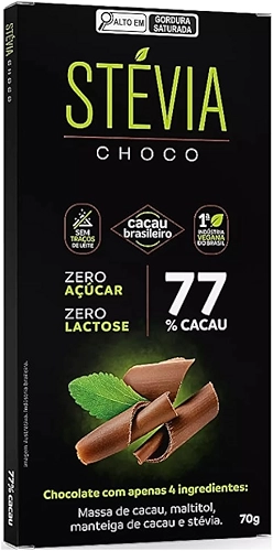 Chocolate 77% Cacau Zero Açúcar Zero Lactose 70g - Stévia Choco