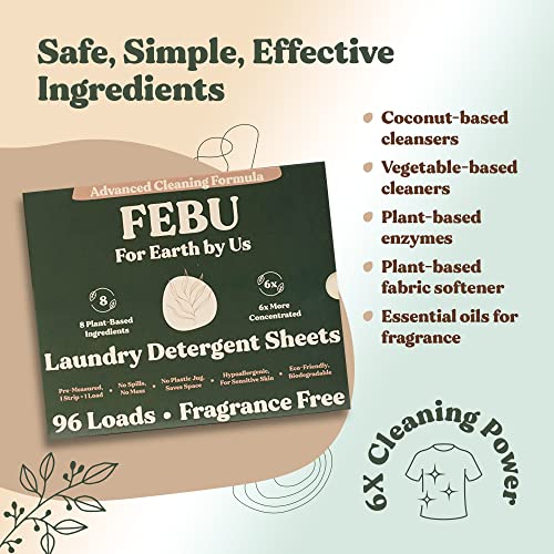 Febu Eco Friendly Laundry Detergent Sheets | 96 Loads, Fresh Linen | 6X More Cleaning Power With Only 8 Plant-Based Ingredients | Hypoallergenic Laundry Sheets | Zero Waste Laundry Soap Sheets #TOP4