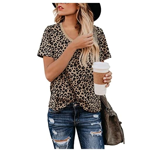 BMJL Women's Casual Cute Shirts Leopard Print Tops Basic Summer Short Sleeve Fashion Soft Blouse Loose Fit Tshirt(LargeLeopard07)