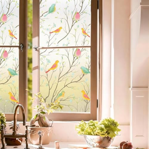 Image of WOO Home Frosted Glass Window Film & Stickers (24 X 120 INCH) Privacy Window Cover for Home & Office - Easy Apply, UV Protection, Removable Decorative Film (Multi Colour Bird Film | 2 X 10 SQFT)