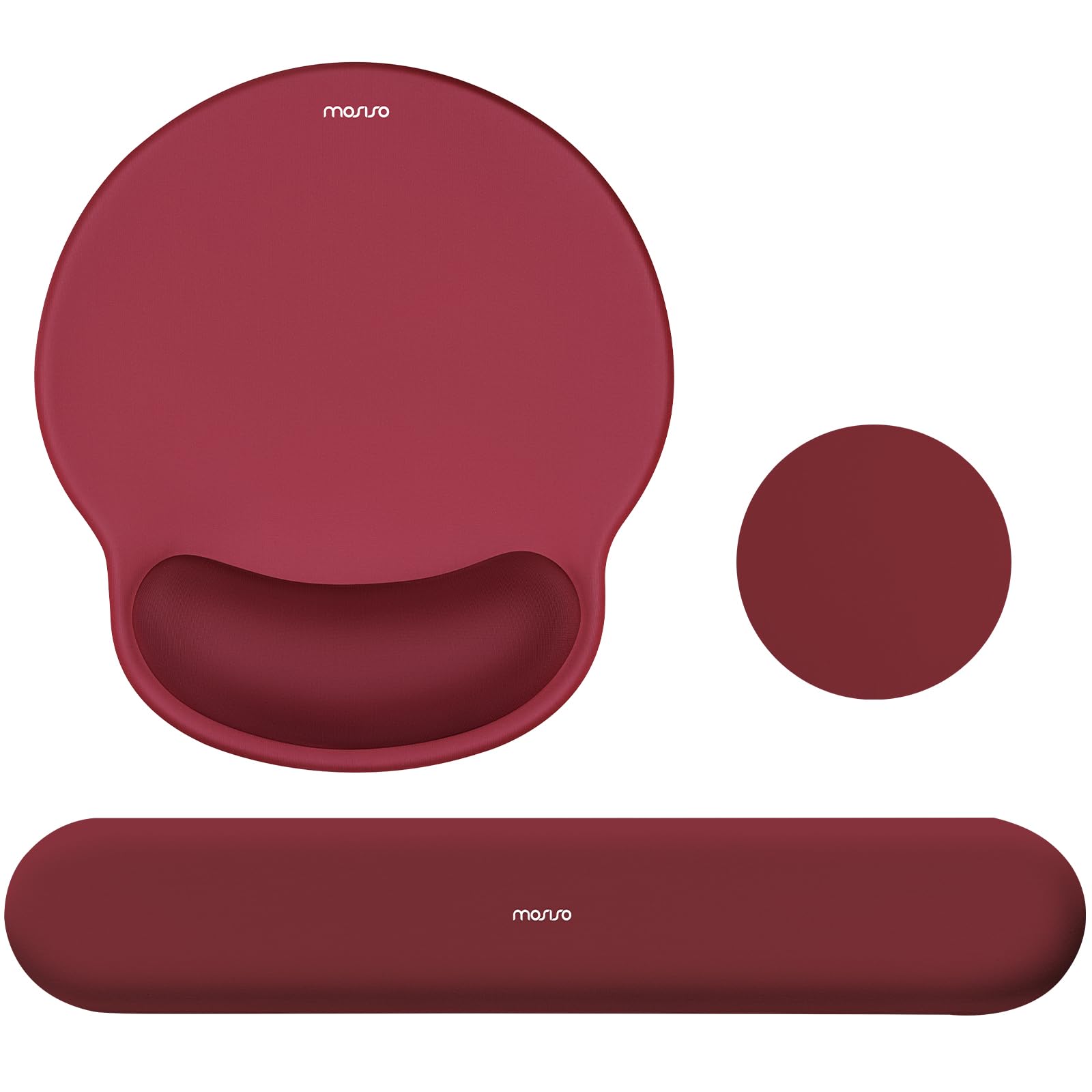 MOSISO Wrist Rest Support for Mouse Pad&Keyboard Set, Circle Curved Ergonomic Mousepad&Coaster Non-Slip Base Home/Office Pain Relief&Easy Typing Pad with Soft Cloth&Silicone Lining, Wine Red