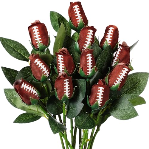 Suhine 12 Pcs Baseball Football Soccer Volleyball Rose Bulk Artificial Sports Flower Decor for Graduation Wedding Party Sports Theme Rose Bouquet Gift for Girl Coach Team Player Fan(Football Color)
