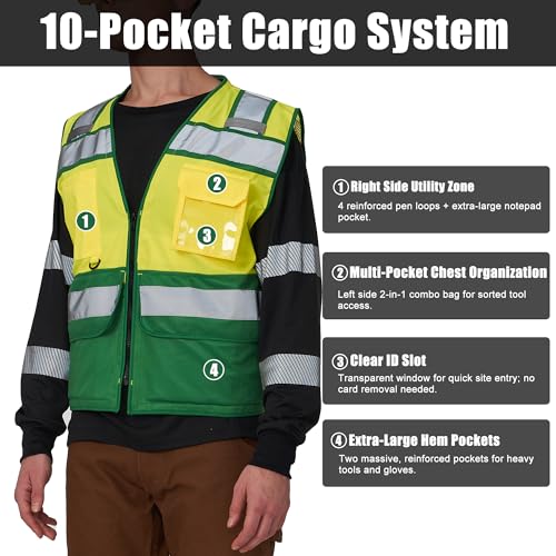 Image of High Vis Reflective Safety Vest for Men Women Zipper Ipad Pockets Mesh Construction Apparel Neon Vest for Work
