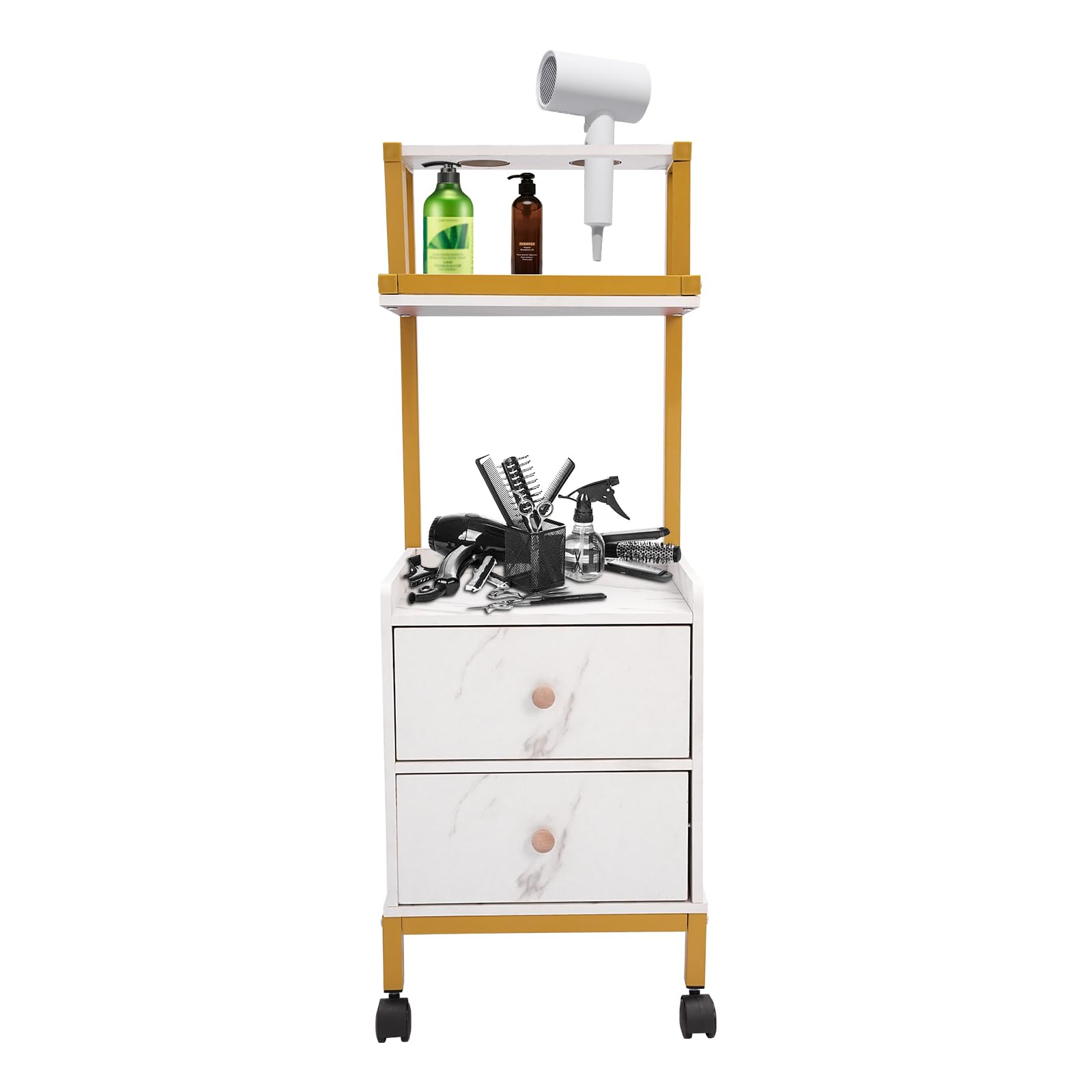 Unnsiapit Salon Trolley Cart with Wheels, Barber Station Makeup Storage Organizer with 2 Drawers & Hair Dryer Holders, Salon Trolley Makeup Holder for Hair Stylist Barber Shop Beauty Salon