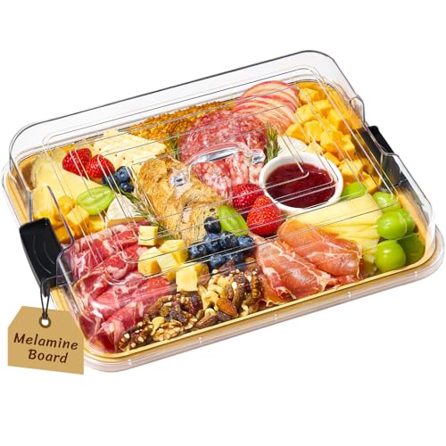 Lifewit 1 Compartment Melamine Charcuterie Board, 11 x 14 Inch Portable Cheese Board with Plastic Lockable Clear Lid, Travel Charcuterie Board Serving Platter with Cover for Snacks, Fruit, Appetizers
