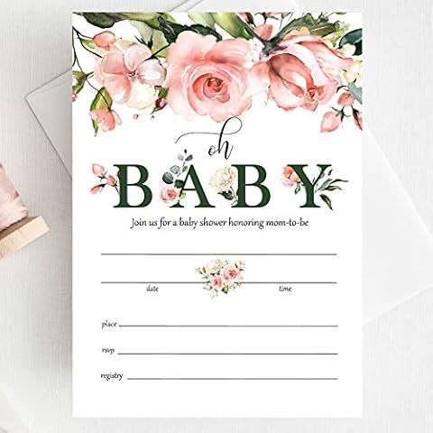 Moonrise Papery Set of 25 Pink Floral Baby Shower Invitations for Girl, Oh Baby Invitations for Baby Shower, Fill-In Style Invitations with Envelopes Cover
