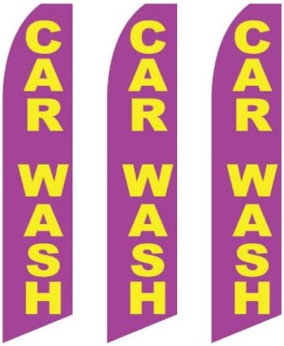 3 (three) Pack Tall Swooper Flags Purple with Big Yellow Text CAR WASH