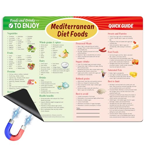 Mediterranean Diet Food Guide Fridge Magnets Mediterranean Diet Cheat Chart,Nutrition Grocery List Refrigerator Magnets,Mediterranean Diet Cookbook Healthy Food List for Kitchen & Dining Room,8x12in