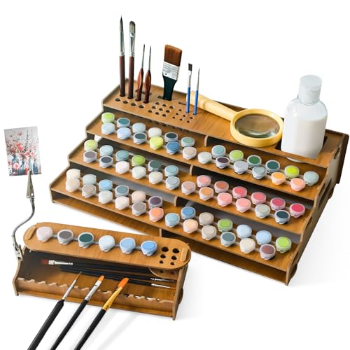 Bougimal Wooden Organizer Rack for Paint by Numbers – Storage 78 Pots & 35 Brushes, Paint by Numbers Kits Accessories and Tools for Adults