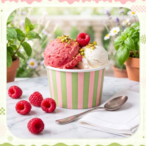 Image of Zopeal 50 Count Pink and Green Striped Ice Cream Cups Paper Dessert Bowls