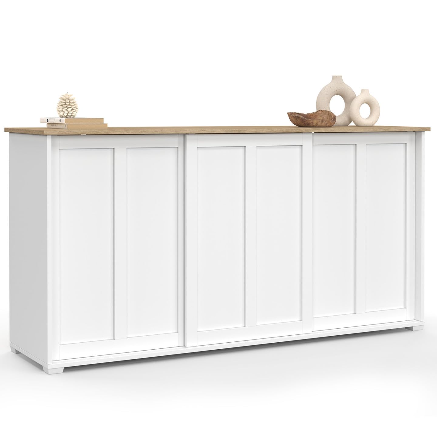 IDMarket - Aparador JANGO 160 cm con 3 puertas correderas blancas y tablero de madera