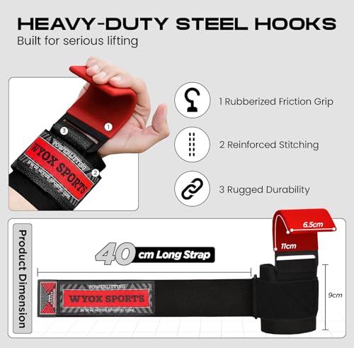 Image of WYOX Weight Lifting Hooks for Men & Women - Heavy Duty Gym Hooks with 8mm Padded Wrist Support Grips to Lift Heavier, Reduce Grip Fatigue & Improve Performance for Deadlifts, Pull Ups & Rows, Pair of 2