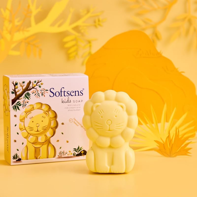 Image of Softsens Kids Soap Samba 75g each ( Pack of 4 x 75g) | Gentle Nourishing Care with Shea Butter & Natural Milk Cream, Dermatologist Tested Baby Soap, Moisturizing Animal Shape Bar Soap For Toddlers & Kids 2-10 Years