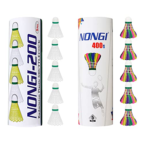 NONGI Combo Shuttle Pack of 10 Shuttlecocks 200 (5 White Plastic),400s(5 Colored Feather) for Outdoor Indoor Badminton Sports