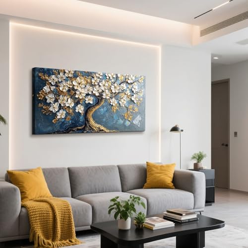 Toile fleurs blanches sur l'arbre de vie tableau décoratif grand format - 3