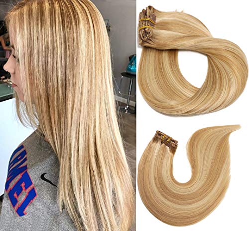 Clip in Hair Extensions Blonde Highlighted Human Hair Balayage Ombre Long Hair Extensions Mixed Bleach Blonde 22 inch 7 PCS 120g Fine Hair Full Head Silky Straight 100% Human Hair Clip In Extensions
