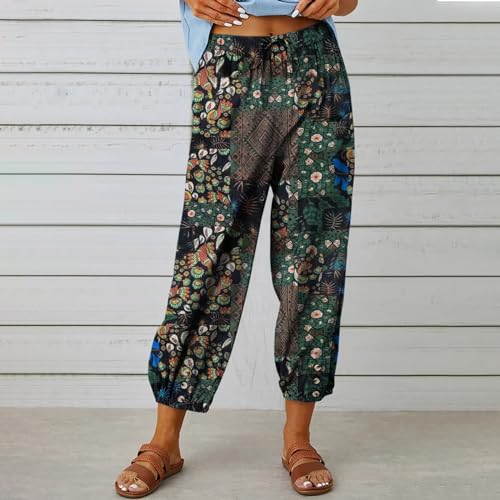 Women's Capri Pants High Waist Drawstring Cinch Bottom with Button Cotton Loose Casual Trouser with Pockets3