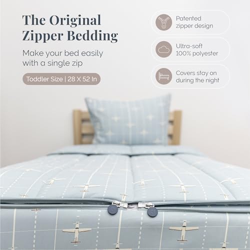 Image of Beddy's Airplane Theme Zipper Bedding - Durable Zip-On Sheets & Comforter for Kids - Bed in a Bag - Easy to Make & Wash - Includes Pillowcase & Sham - Blue Airplane - Toddler