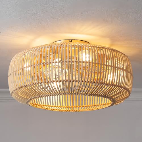 KAUDGHY Rattan Flush Mount Ceiling Fan with Light and Remote Boho Fandelier