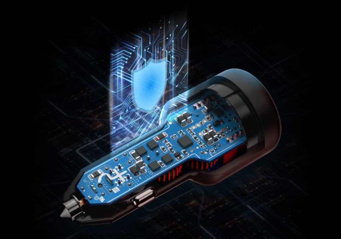 Internal components of the OnePlus Car Charger with safety shield graphic