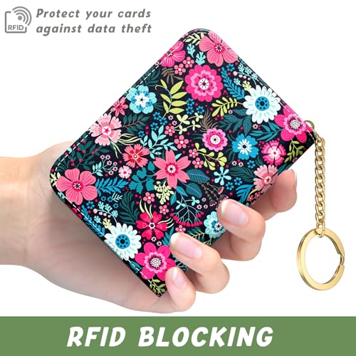 Image of Aiawoxc Credit Card Holder, Small RFID Wallet Slim Leather Card Organizer Case with Zipper and Keychain, Elegant Flowers