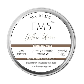 EM5s All Natural Organic Beard Balm | Shape Style and Tame | Medium Hold and Shine with Bees Wax, Shea Butter, Jojoba Oil, Leather Tobacco Essential Oils for Long Lasting Fragrance (Leather Tobacco) | Mustache and Beard Wax | Gift for Him/Men