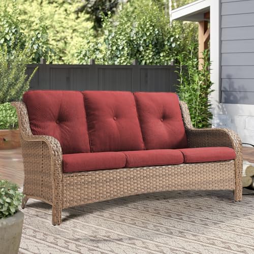 Opohoro Outdoor Wicker Couch-Outdoor Couch All Weather PE Wicker Patio Sofa Outdoor Sofa Deep Seating for Porch Deck Backyard-Yellow/Red