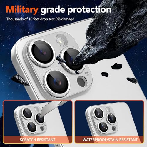 Image of PACK OF 2 Camera Lens Protector For IPHONE 16 /15 PRO / 16 /15 PRO MAX (SILVER) UHD 9H Glass, Anti Drop, Scratch Resistant, Case Friendly, Removable, Waterproof, Heavy Duty Camera Protector.
