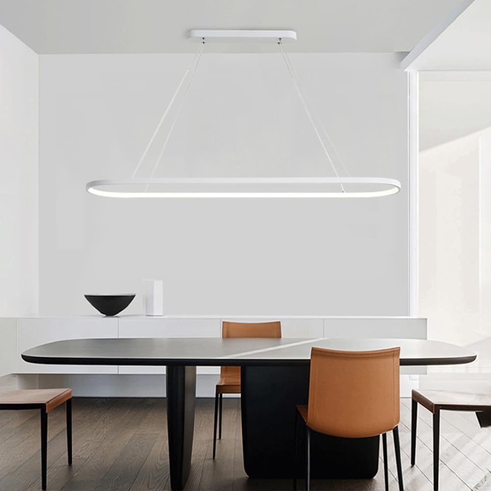 Lustre LED long à bande, suspension en métal en forme d'anneau, style moderne et simple, hauteur réglable, blanc - 120 cm, 3 couleurs. Idéal pour salle à manger, bar, îlot de cuisine ou salon.