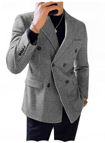 Men's Vintage Houndstooth Blazer Retro Double Breasted Peak Lapel Suit Jacket Formal Casual Sports Coat