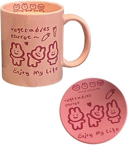 Juego de taza de café y posavasos de conejo, taza Kawaii para niñas, taza Kawaii para mujeres, cosas preparatorias (rosa, 13.5 fl oz)