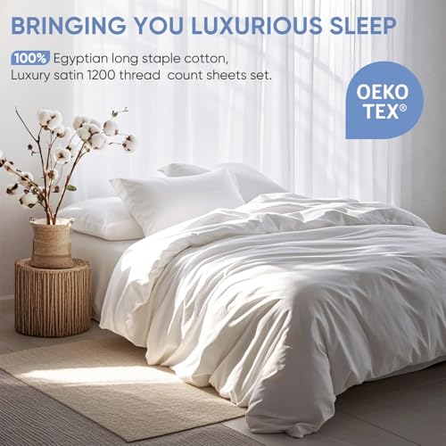 Image of TWK 100% Egyptian Cotton 1200 Thread Count Bedding Sheet Set, Substantial Thickness, Durable Long-Lasting Wear, Resists Pilling, 18 inch Max Deep Pocket Fit (White, Queen)