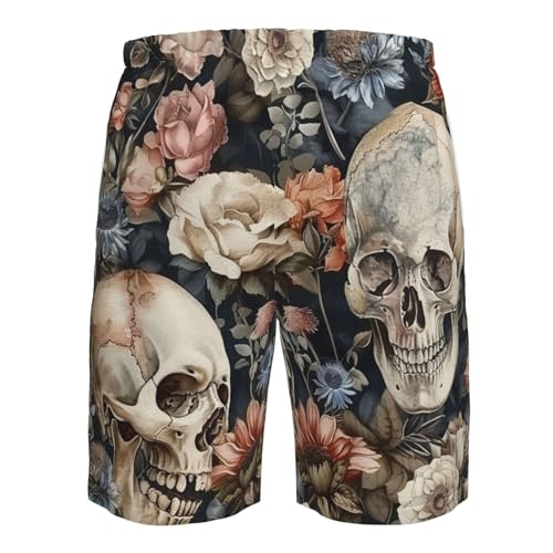 Skulls and Flower Watercolor Gothic Vintage Men's Quick Dry Swim Shorts, Mesh Lined Beach Trunks with Pockets3
