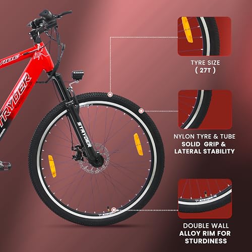 Image of Stryder E-Vibe 27T Electric Cycle for Men & Women (5.2-6 Ft) | 250W BLDC Motor | 36V 8.7Ah Li-ion Battery | Dual Disc Brakes | Front Suspension | USB Charging | Password Display | E-Bike (Red)