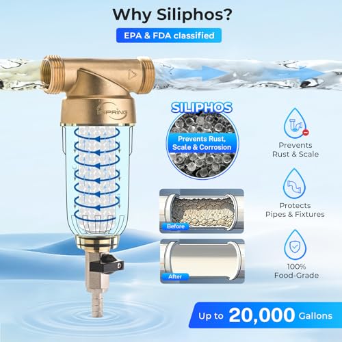 Image of iSpring WSP-50SL Reusable Whole House Spin Down Sediment Water Filter Softener, Includes Siliphos Helps Prevent Scale and Corrosion, 1 inch MNPT + 3 /4 inch FNPT, 50 Micron