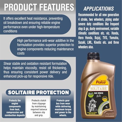Image of PALCO Solitaire 20W40 Engine Oil for Bike 1L | BS6 Compatible Synthetic Technology | 4-Stroke Bike Engine Oil | Up to 10,000 km Drain Interval
