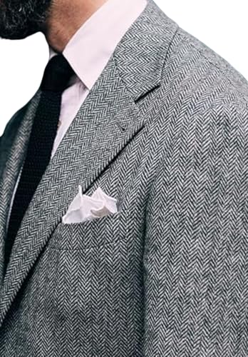 Men's 3-Button Wool Blend Blazer Vintage Herringbone Sport Jacket with Pocket Square2