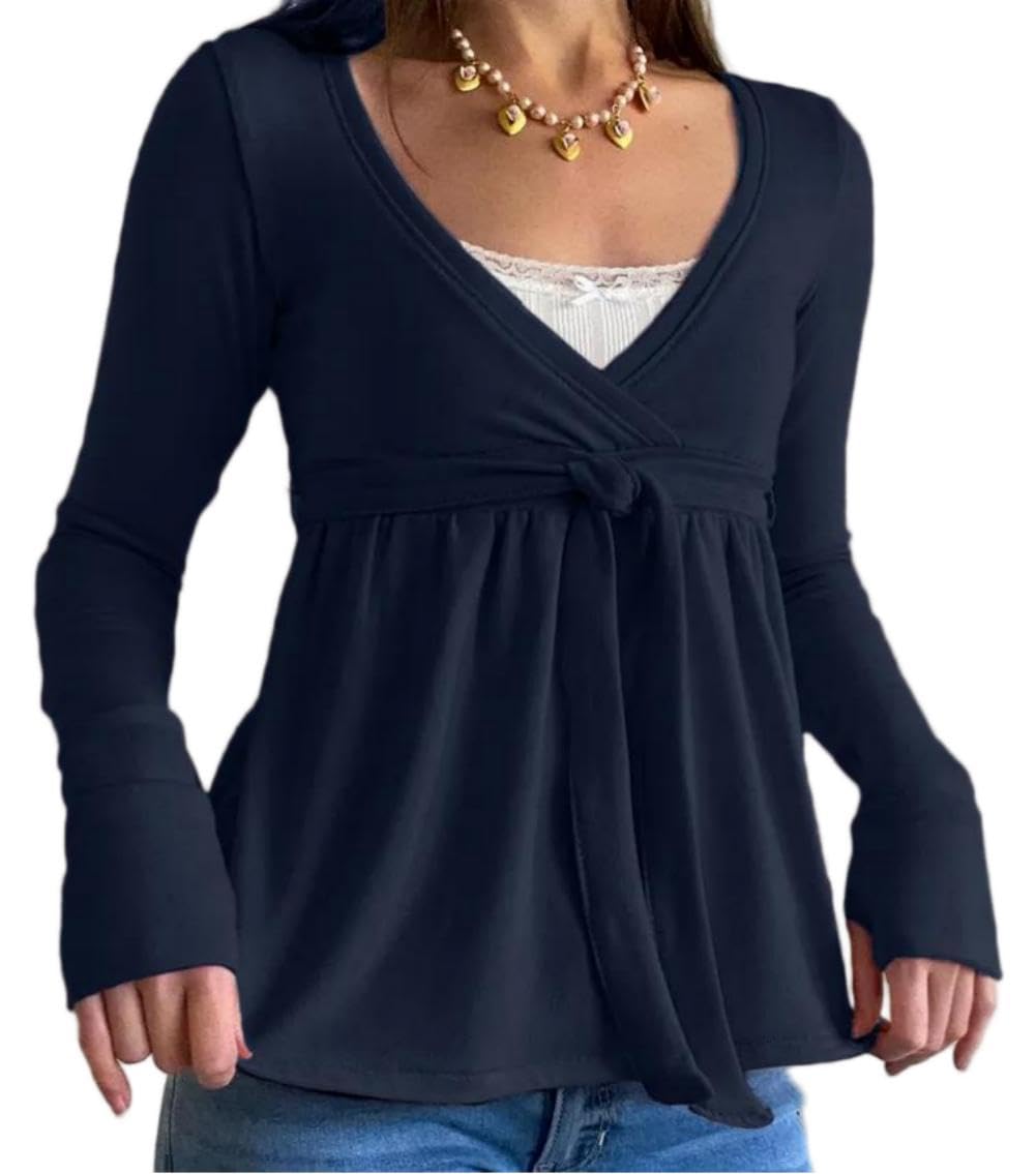 Eimmao Women Babydoll Long Sleeve Top Y2K V Neck Shirts Dark Blue M โ image 1