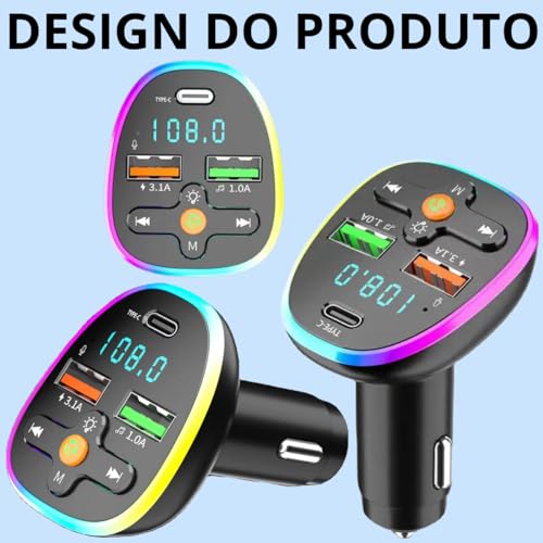 Carregador Transmissor Adaptador FM Bluetooth Para Carro Acendedor Veicular LED Dupla Entrada USB Ca