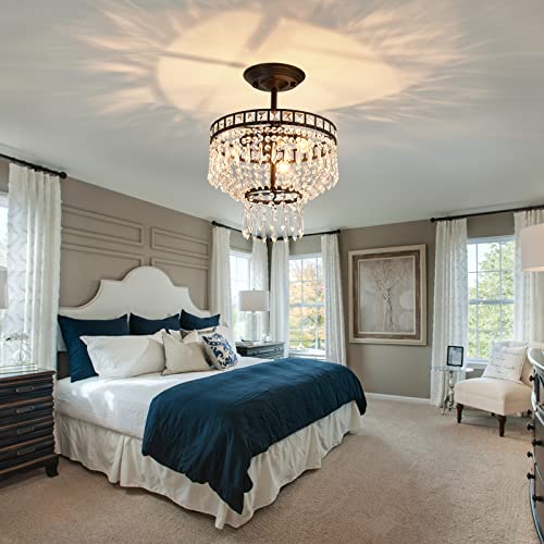 Dafkos Modern Crystal Chandelier 3 Lights Semi Flush Mount Ceiling Light Fixture Black Farmhouse Ceiling Lamp For Bedroom Living Room Dining Room Entryway Hallway #TOP3