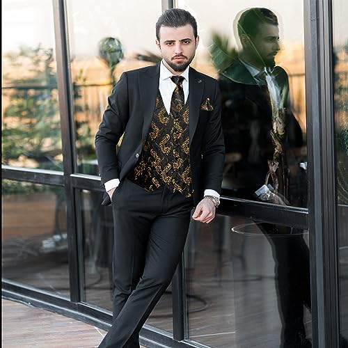Image of DiBanGu Mens Paisley Vest Silk Sleeveless Suit Vest and Neck Tie Pocket Square Cufflinks Set for Wedding Formal