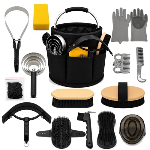Horse Grooming Kit, 15-Piece Horse Brush Set with Tote Bag, Long Shedding Blade, Hoof Pick, Curry Comb, Sweat Scraper, Mane and Tail Comb, Gloves, Equine Grooming Supplies, Black