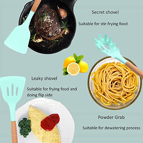 Karangred 12Pcs Silicone Cooking Kitchen Utensils Set with Holder,Wooden Handles Cooking Tool,BPA Free,Non Toxic Turner Tongs Spatula Spoon Kitchen Gadgets Set for Nonstick Cookware (Green) - Image 6