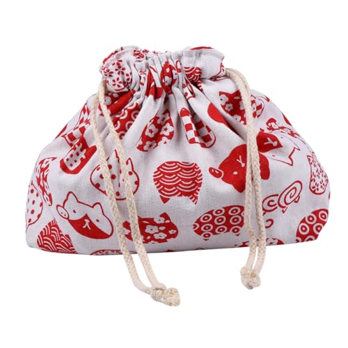 LOLIPPYY Bolsa para Almuerzo Doble Capa Japonesa Gruesa de Algodón con Cordón Bolsa Portátil para Picnic y Oficina Diseño Moderno Rojo con Gato