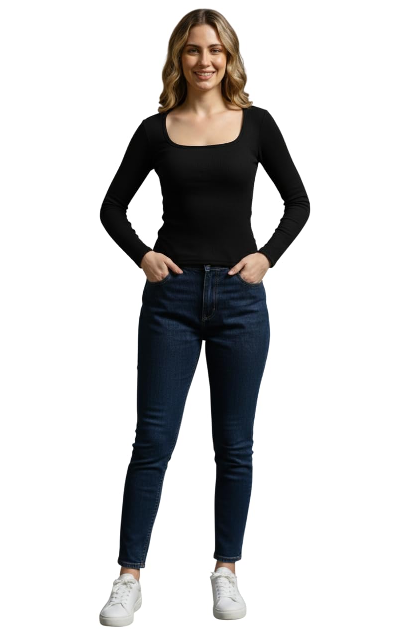 Women’s Stylish Square Neck Slim Fit Long Sleeve Cotton T-Shirt | Comfortable Casual Wear Top for Everyday, Office & Outings