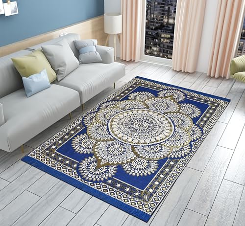 Image of Premium Cotton Carpet for Living Room 5 X 7 FEET | Carpet for Hall /Area Rugs /ChenilleCarpet /CottonCarpet /Carpet for Living Room /Kalin & Dari | Reactangular (Blue)