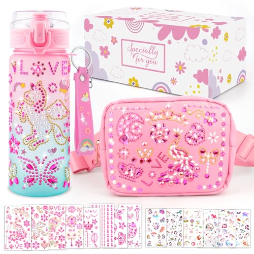 Presentes de aniversário para meninas de 4 a 6 a 8 a 10 anos, decore sua própria garrafa de água e bolsa transversal com adesivos de unicórnio, kit divertido de artes e artesanato para crianças de 6 a